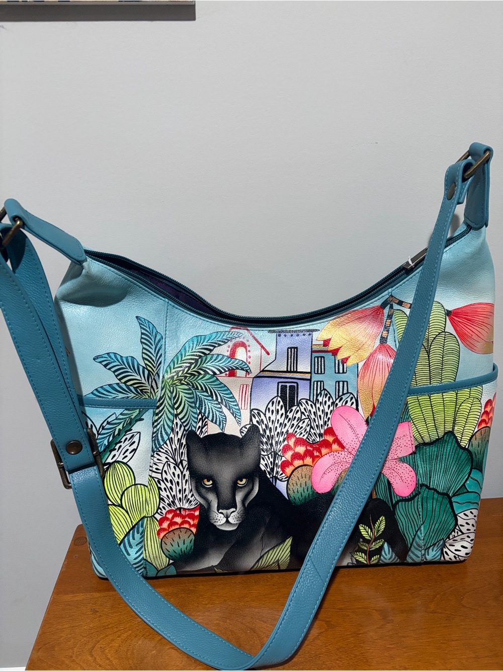 Anuschka Teal Hand-Painted Panther Shoulder Bag with Botanical Motif - Picture 2 of 3